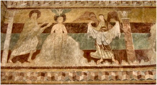 Baptême du Christ par Saint Jean-Baptiste (le Christ est nu et ressemble à un petit enfant; un ange tient un linge pour essuyer le Christ et couvrirsa nudité)