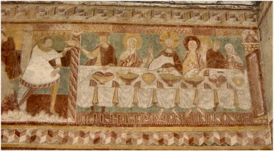 Les Noces de Cana: de gauche à droite: un serviteur, l'hôte du Seigneur, la Vierge, le Christ, deux personnages auréolés, les fiancés