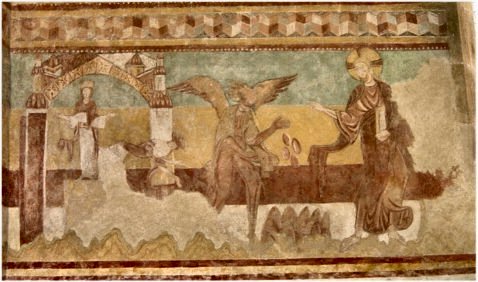 A gauche: la Chute des IdolesA droite: la Tentation du Christ (le démon offre des pierres au Seigneur afin qu'il leschange en pains pour apaiser sa faim)