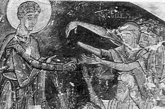 D'autres peintures murales décoraient la Tour Charlemagne, parmi lesquelles cette "Charité de Saint-Georges" (1080) relevée à l'aquarelle en 1964