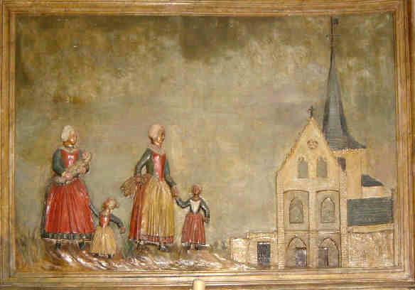 Mur nord: des pèlerins se dirigent vers l'église de Chabris accompagnés de jeunes enfants afin de prier Saint-Phallier, qui avait le pouvoir de guérir les enfants atteints de langueur