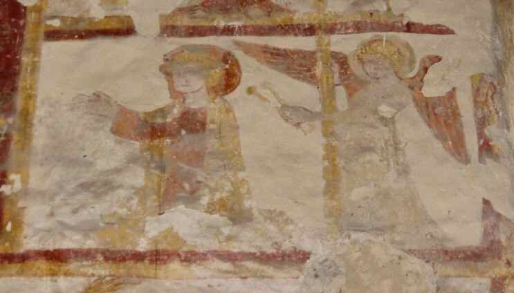Saint- Marc (à genoux) et un ange qui tient deux fouets et une colonne de flagellation
