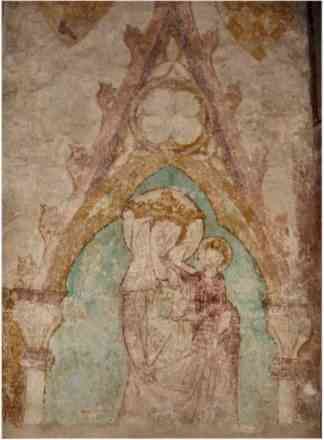 La Vierge, grandeur nature, est debout sous un magnifique dais. Au sommet du dais, un trèfle à quatre feuilles entouré d'un cercle. Le ciel,qui sert de toile de fond, était bleu mais a viré au vert