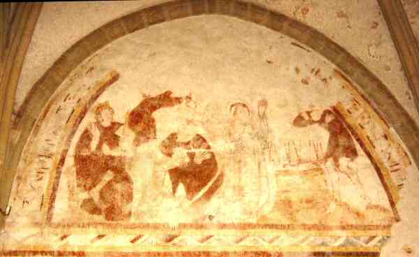 Registre supérieur: Judicaël (Saint Judicaël roi d'Armorique 615-615 et 632-634 abdique, puis devient moine, mort en 650) s'échappe de la cour d'Haëloch (Haeloch roi de Dommonée 610-615) et se réfugie auprès de Saint Méen