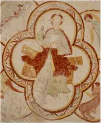 A gauche: Christ en Majesté entouré du Tétramorphe (lion pour Marc; homme pour Matthieu; aigle pour Jean; boeuf pour Luc)