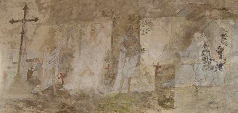 Les trois morts, séparés des trois vifs non par une croix de cimetière, mais par un ermite