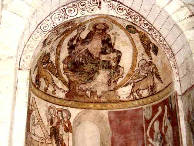 Christ en majesté et symboles des quatre Evangélistes (Tétramorphe) - Un lion ailé pour Marc, un homme (ou ange) pour Matthieu, un aigle pour Jean et un boeuf ailé pour Luc
